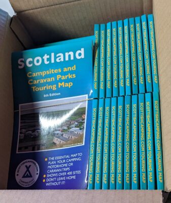 box of camping maps in Scotland